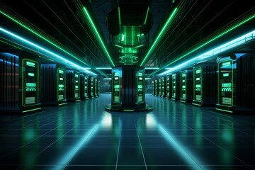 Neon-lit server room showcasing futuristic technology and data processing. Generative AI