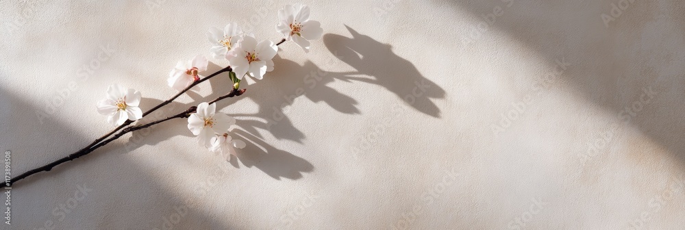 Poster cherry blossom branch with delicate white flowers casting a beautiful shadow on a beige textured bac