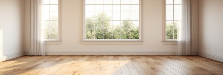 Fototapeta premium Bright and airy interior space with large windows and natural light. Generative AI