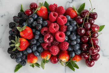 Obraz premium A flat lay showcasing a colorful assortment of fresh strawberries, blueberries, raspberries, blackberries, and cherries arranged on a marble surface with green leaves. 