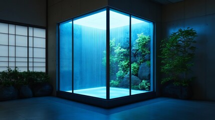 Fototapeta premium Rainfall shower with a zen garden theme and glowing backlit walls