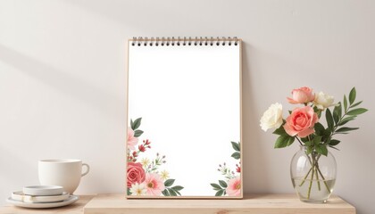 Floral-themed calendar mockup on a simple desk surface, soft floral motifs, clear and clean composition, no people