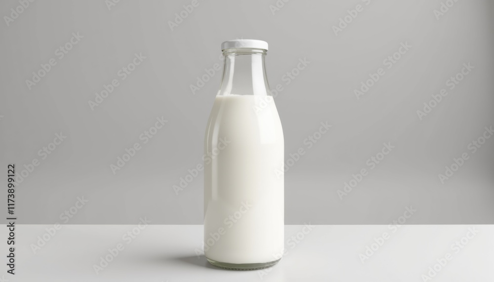 Poster a milk bottle mockup with a simple design, no people, placed on a clean surface, realistic texture a
