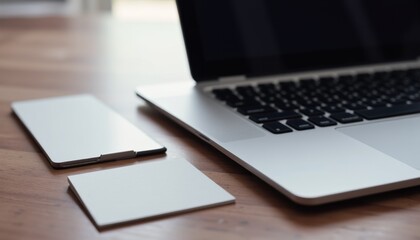 Close-up of a laptop with a business card next to it, simple and elegant design, soft lighting, photorealistic details with copy space