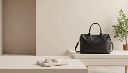  A travel bag mockup on a clean surface, simple design, no people, realistic texture and details, soft lighting with copy space