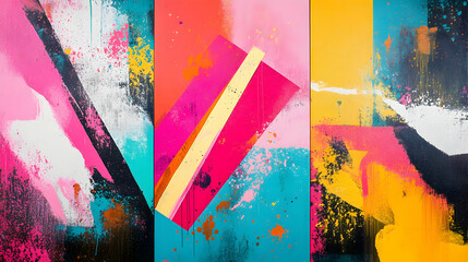 Vibrant CMYK ink splattered canvases with bold geometric shapes and abstract patterns