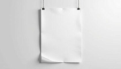 Hanging poster mockup with textured paper effect, subtle shadow under poster, minimalist setting