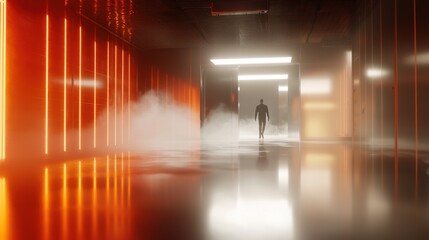 Mysterious figure walking through neon-lit corridor futuristic building digital art atmospheric perspective goalsetting focus