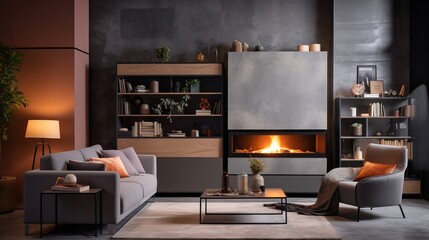 Modern living room with stylish furnishings and a warm fireplace glow. Generative AI