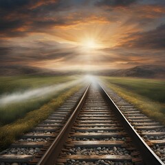 Obraz premium railroad tracks in the morning, railway in the countryside 