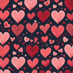 A pattern of red and pink hearts in various shapes and sizes, set against a dark gray background. A stylish and modern design perfect for Valentine's Day cards and romantic themes.