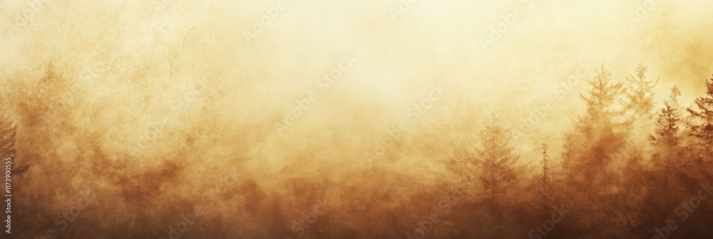 Aufkleber coniferous forest shrouded in a thick golden fog at sunrise, creating a mystical and atmospheric sce