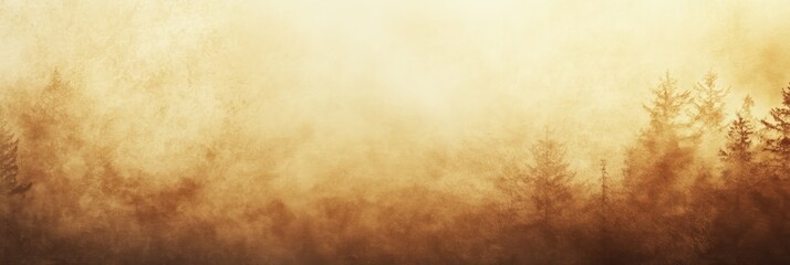 Fototapeta premium Coniferous forest shrouded in a thick golden fog at sunrise, creating a mystical and atmospheric scene, ideal for backgrounds and nature themed projects