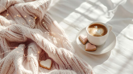 A heartwarming display for Valentine's Day featuring a cup of coffee with latte art, heart-shaped cookies on a white saucer, and a soft knit blanket