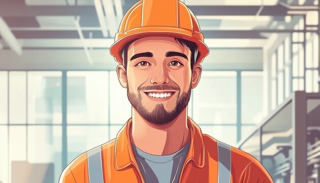 Happy And Smiling Industrial Worker With An Orange Hard Hat: A Portrait Of A Young Technician In A Factory Setting.