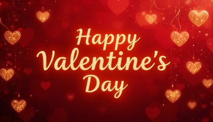 Happy Valentine's Day greeting with glowing hearts on a festive red background