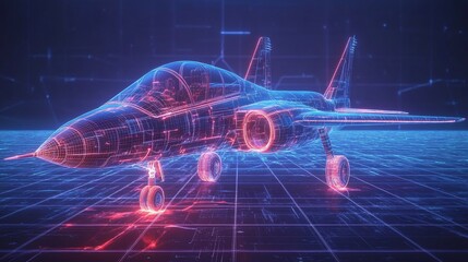 Obraz premium Futuristic fighter jet digital wireframe model.