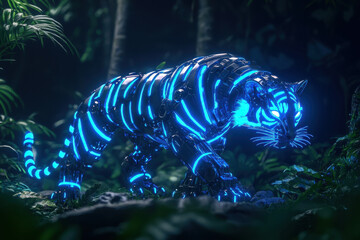 Cybernetic tiger illuminated by vibrant neon blue patterns in a dark jungle environment