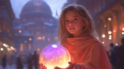 Enchanted evening: young girl holding a glowing orb in a mystical cityscape