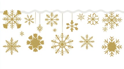 Golden glitter snowflakes hanging from a wavy silver string. Ideal for Christmas cards, winter decorations, or festive website banners.