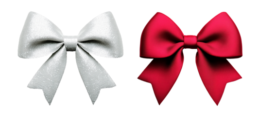 Set of crafted satin bows with tails, isolated on transparent white background, perfect for gift wrapping.