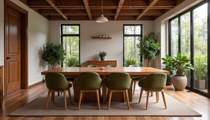 Obraz premium Cozy Conference Table Mockup in a Bright and Green Meeting Room