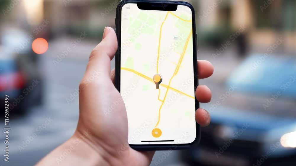 Poster Hand holding smartphone displaying navigation app with marked location on map, blurred city street with car in background, concept of travel and modern technology
