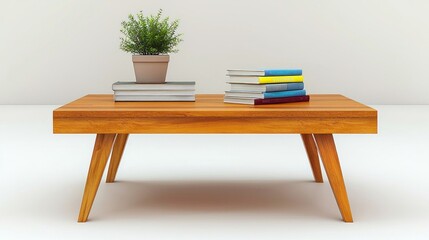 A wooden coffee table with books and a potted plant.
