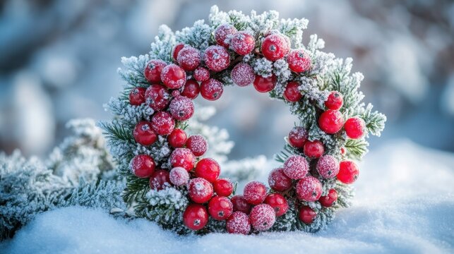 Festive wreath adorned with red berries and frosted greenery in a winter wonderland setting. Generative AI