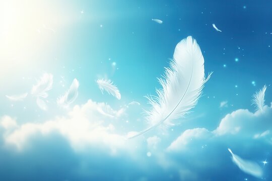 White feather flying on blue sky background. Abstract bird feather falling in the air. Symbol of peace or freedom concept. Generated AI