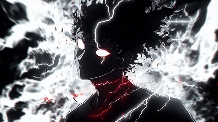 Fototapeta premium Intense anime character portrait with dark hair, glowing eyes, and energy sparks.