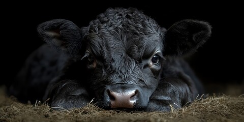 Fototapeta premium Close-up portrait of a young black calf lying on a bed of straw in a dimly lit barn setting, showcasing its textured fur and expressive eyes, capturing a moment of calm and innocence.