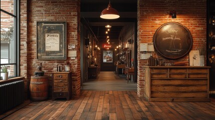 A cozy and inviting interior of a rustic pub with brick walls, wooden floors, and vintage decor evoking a warm atmosphere for patrons to enjoy their time.