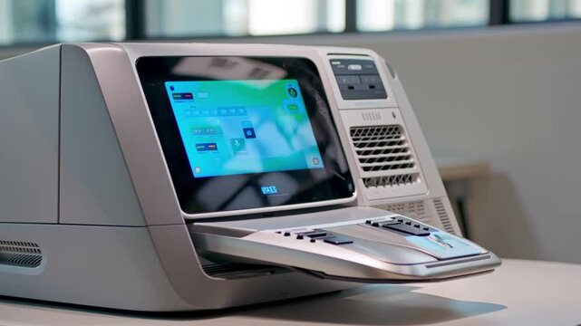 Modern office printer with a touch screen in a well-lit office space, emphasizing sleek design and functionality.
