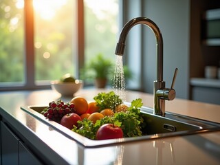 Fresh vegetables and fruits being washed in a modern kitchen sink during golden hour © PixelVision