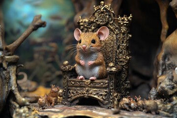 Obraz premium Small rodent sits ornate throne, miniature scene.