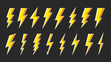 Yellow lightning bolt icons isolated on black background. Flash symbol, thunderbolt. Simple lightning strike sign. Vector illustration
