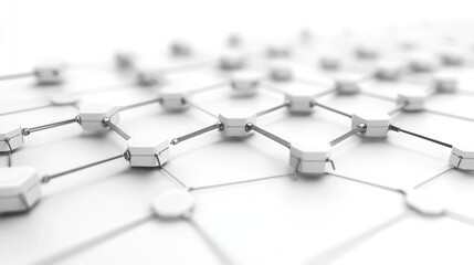 Abstract 3D render of a hexagonal network structure with interconnected nodes. Ideal for visualizing technology, connectivity, or data flow in presentations or website backgrounds.
