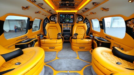Fototapeta premium Luxurious interior of a private jet showcases elegant design and comfort with striking yellow accents and modern amenities