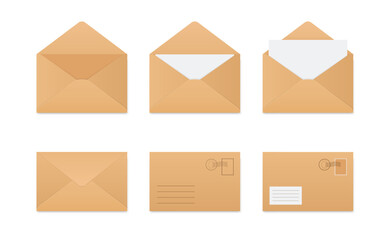 Envelopes with letter closed, open, with postage stamp. Folded and unfolded brown kraft paper envelope set. Vector clip art collection