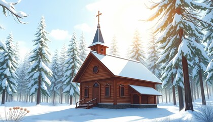 Wooden Church in Winter Forest