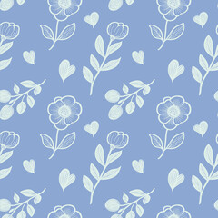 Seamless pattern with elegant white flowers and decorative hearts on a soft blue background, combining vintage charm with a minimalist aesthetic.