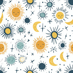 Colorful celestial pattern featuring suns, moons, and stars on a white background, perfect for children's designs or whimsical themes.