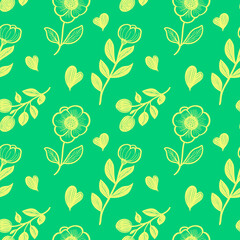 Obraz premium A seamless pattern featuring delicate yellow flowers and heart shapes on a bold mint-green background. Ideal for modern designs, textiles, and fresh, vibrant aesthetics