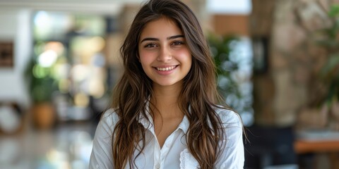 Obraz premium Portrait of a Smiling Woman in a Bright Indoor Setting with Natural Background Elements and Soft Lighting Showcasing Casual Fashion Style