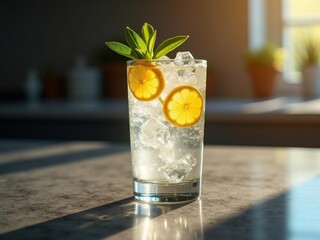 Refreshing lemon drink with mint served on a sunny kitchen countertop during the evening