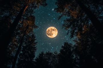 Fototapeta premium starry night sky with a bright full moon, framed by silhouettes of tall trees landscape