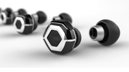 Sleek hexagonal earbuds with black and silver accents. Perfect for listening to music or podcasts on the go while enjoying premium audio quality.