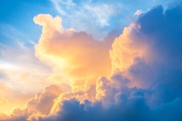 Fototapeta premium dramatic clouds in the sky forming unique shapes at sunrise, with a spectrum of colors from blue to gold, skies after the storm cloudscape