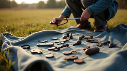 Successful metal detection results in a variety of unique finds displayed on a blanket in a sunny field